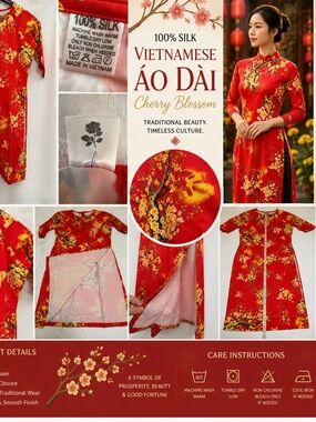 100% Silk Vietnamese Ao Dai Dress Red Cherry Blossom Lunar New Year S Rose Tag